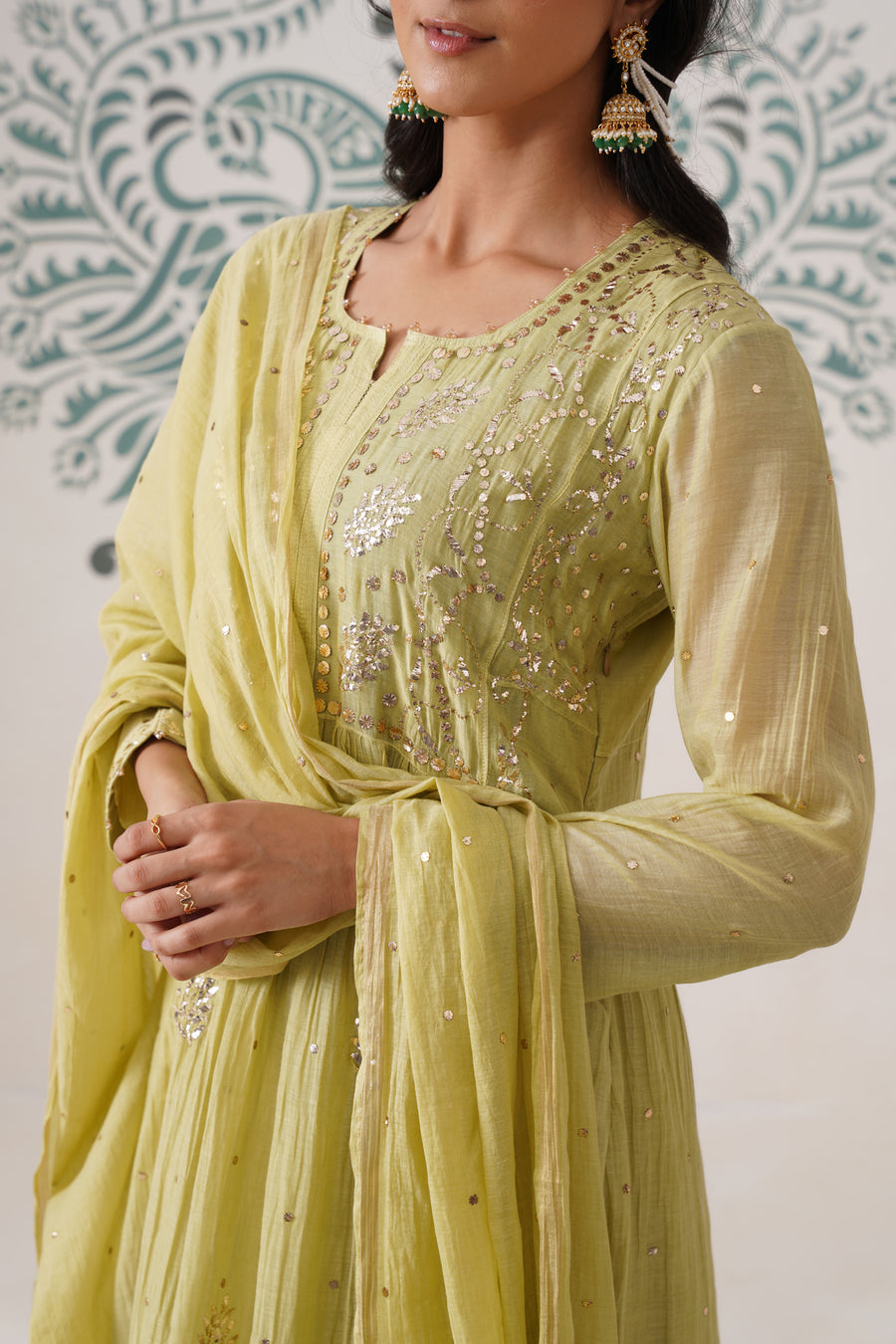 Chikankari Mul Chanderi 3pc Suit - Dark Lime