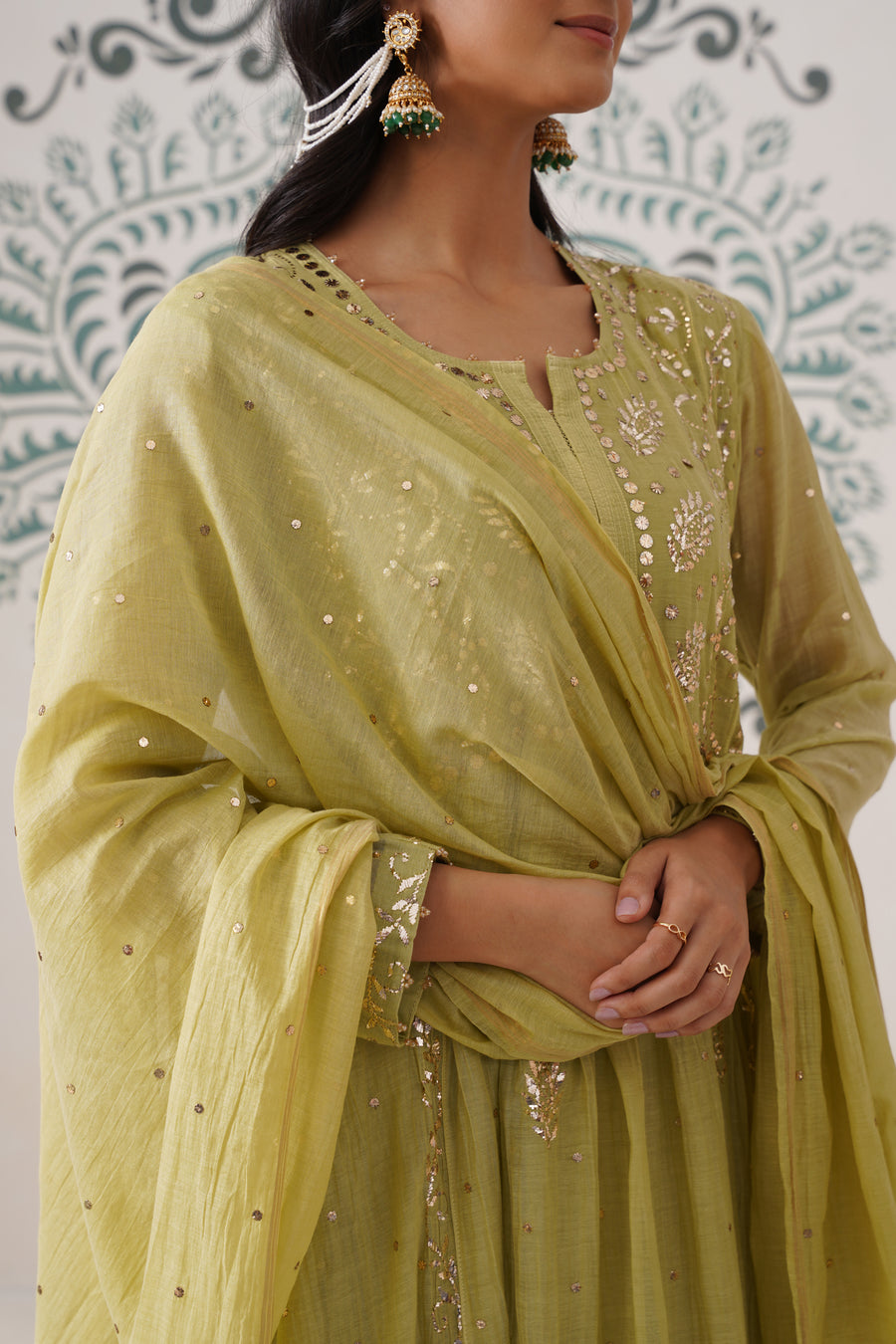 Chikankari Mul Chanderi 3pc Suit - Dark Lime