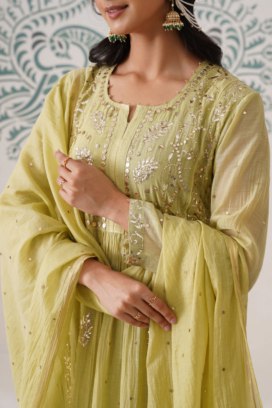 Chikankari Mul Chanderi 3pc Suit - Dark Lime