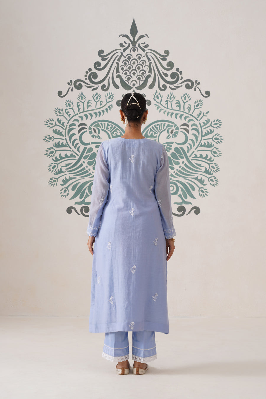 Chikankari Mul Chanderi 3 pc Suit - Pale Cerulean