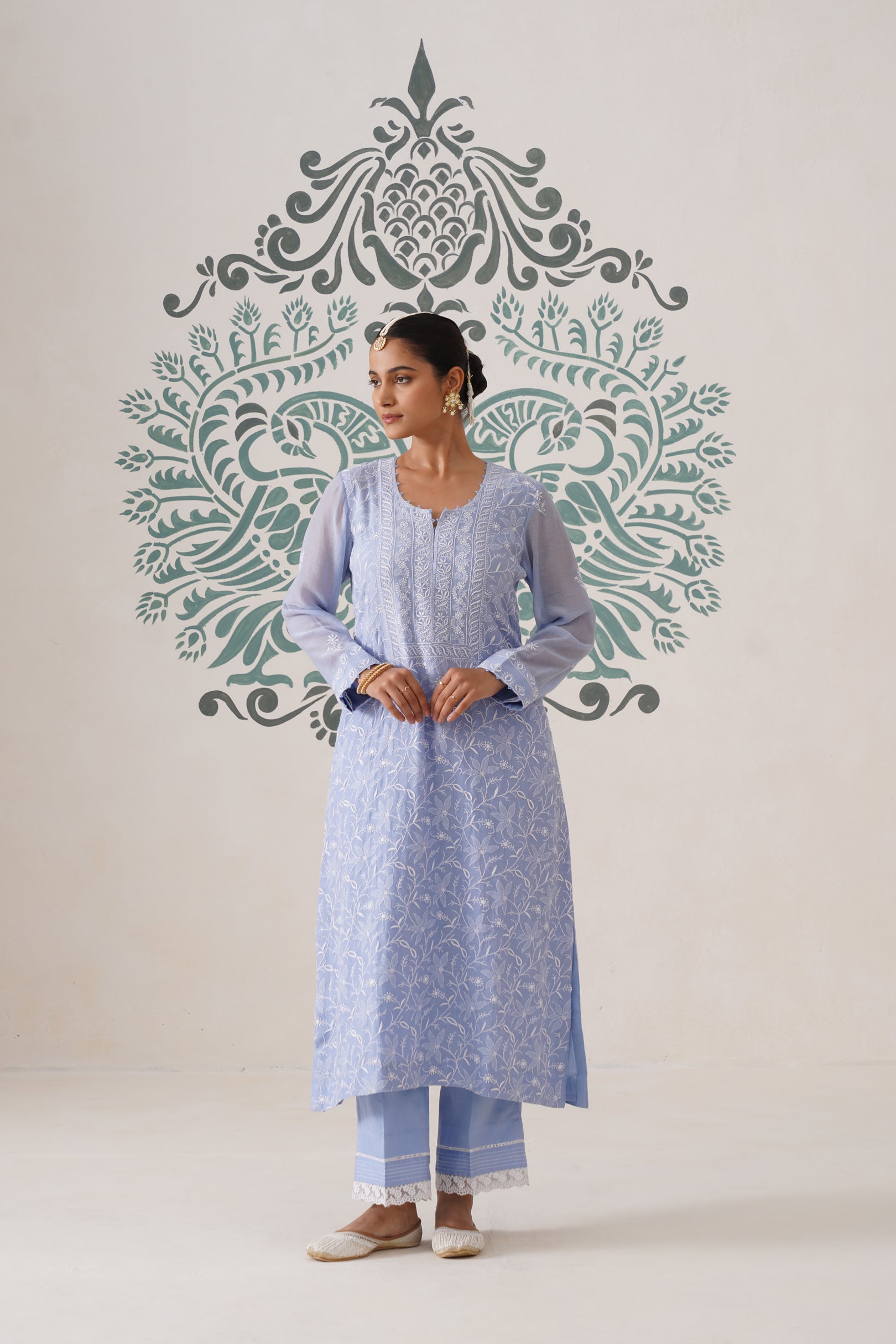 Chikankari Mul Chanderi 3 pc Suit - Pale Cerulean