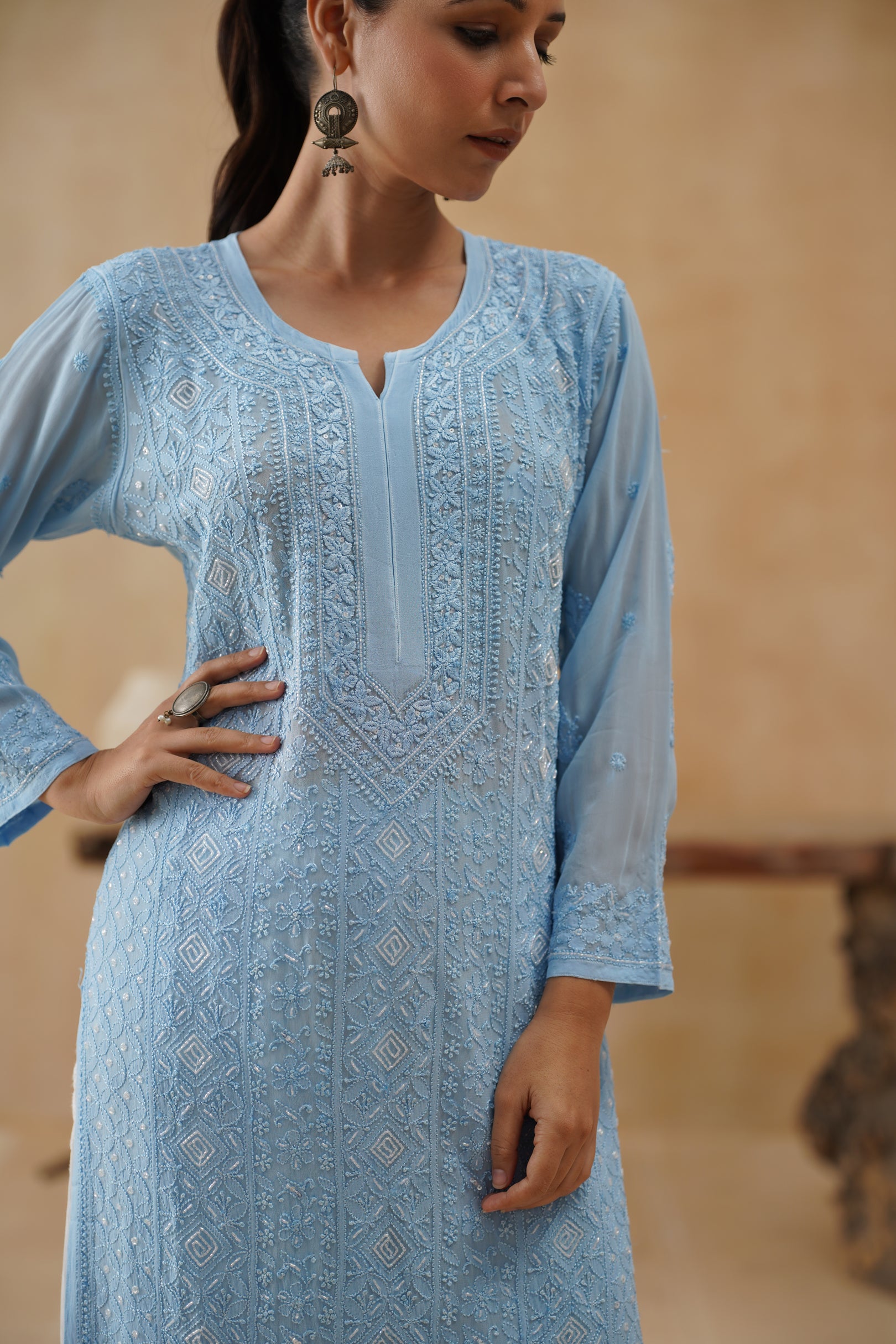 Georgette Long Kurti -  Ice Blue