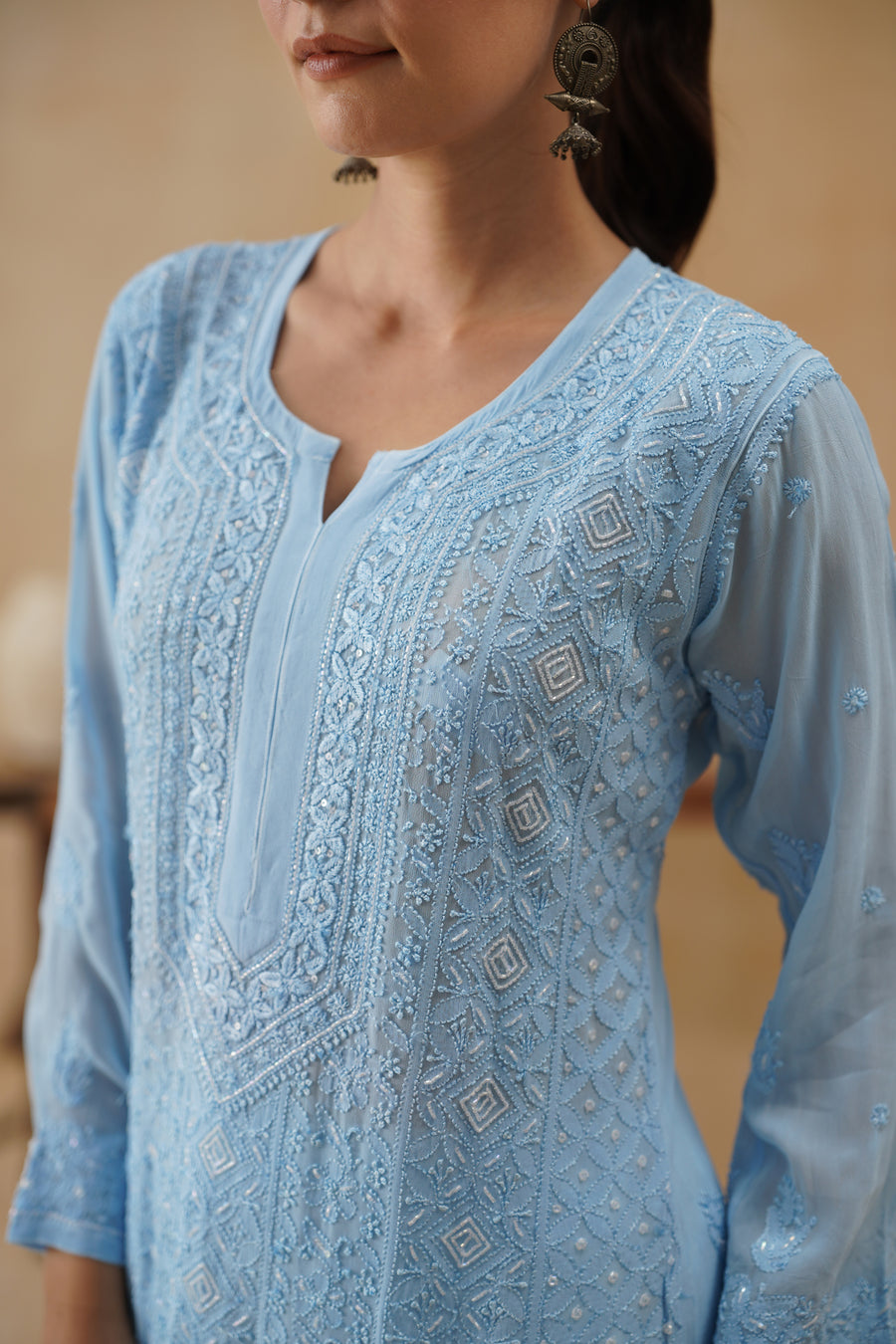 Georgette Long Kurti -  Ice Blue