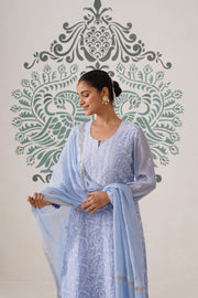Chikankari Mul Chanderi 3 pc Suit - Pale Cerulean
