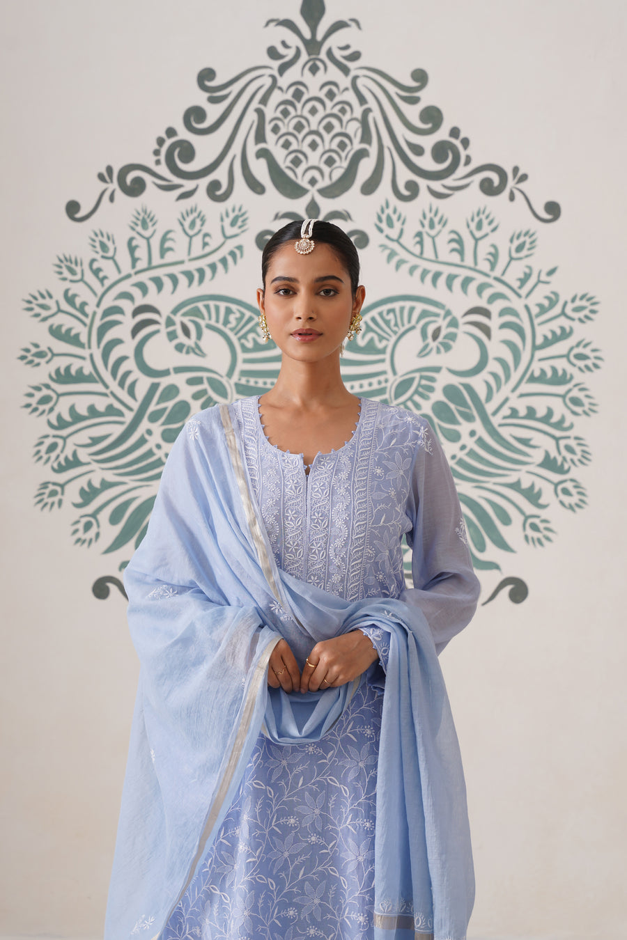 Chikankari Mul Chanderi 3 pc Suit - Pale Cerulean