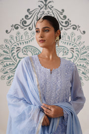 Chikankari Mul Chanderi 3 pc Suit - Pale Cerulean