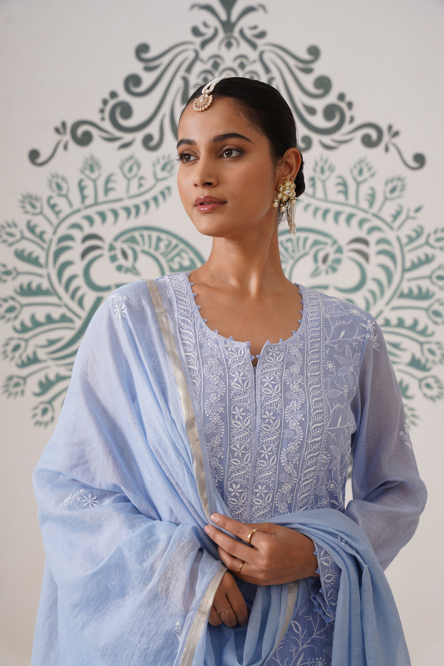Chikankari Mul Chanderi 3 pc Suit - Pale Cerulean