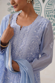 Chikankari Mul Chanderi 3 pc Suit - Pale Cerulean
