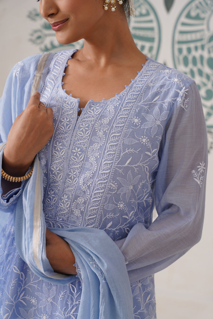 Chikankari Mul Chanderi 3 pc Suit - Pale Cerulean