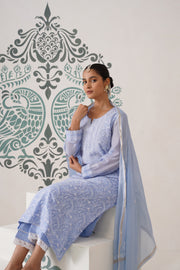 Chikankari Mul Chanderi 3 pc Suit - Pale Cerulean
