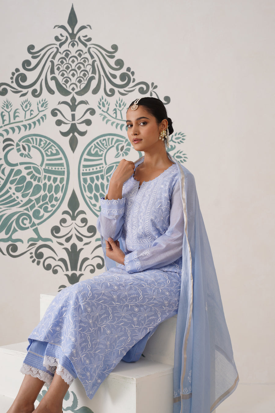 Chikankari Mul Chanderi 3 pc Suit - Pale Cerulean