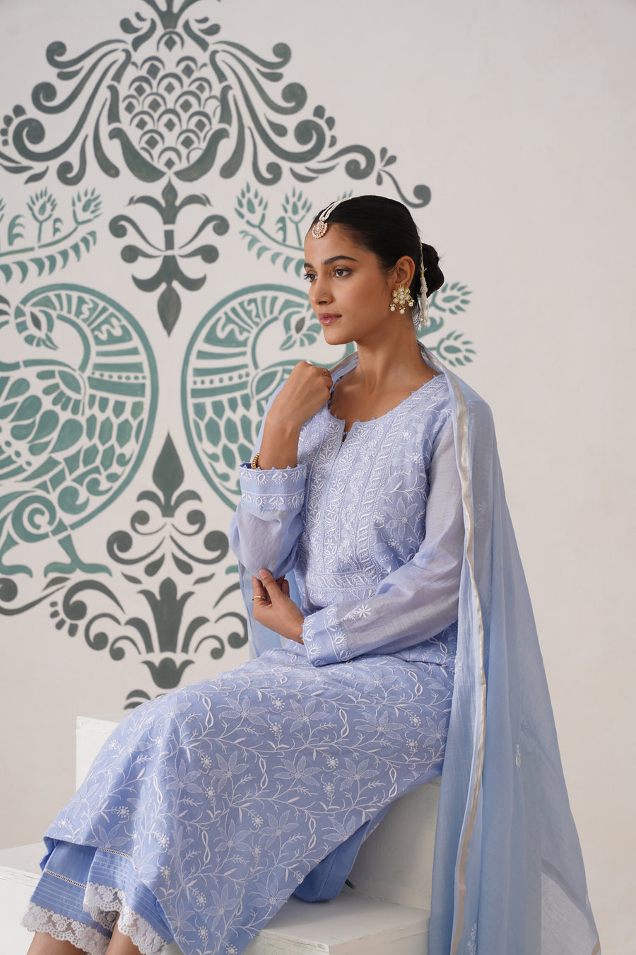 Chikankari Mul Chanderi 3 pc Suit - Pale Cerulean