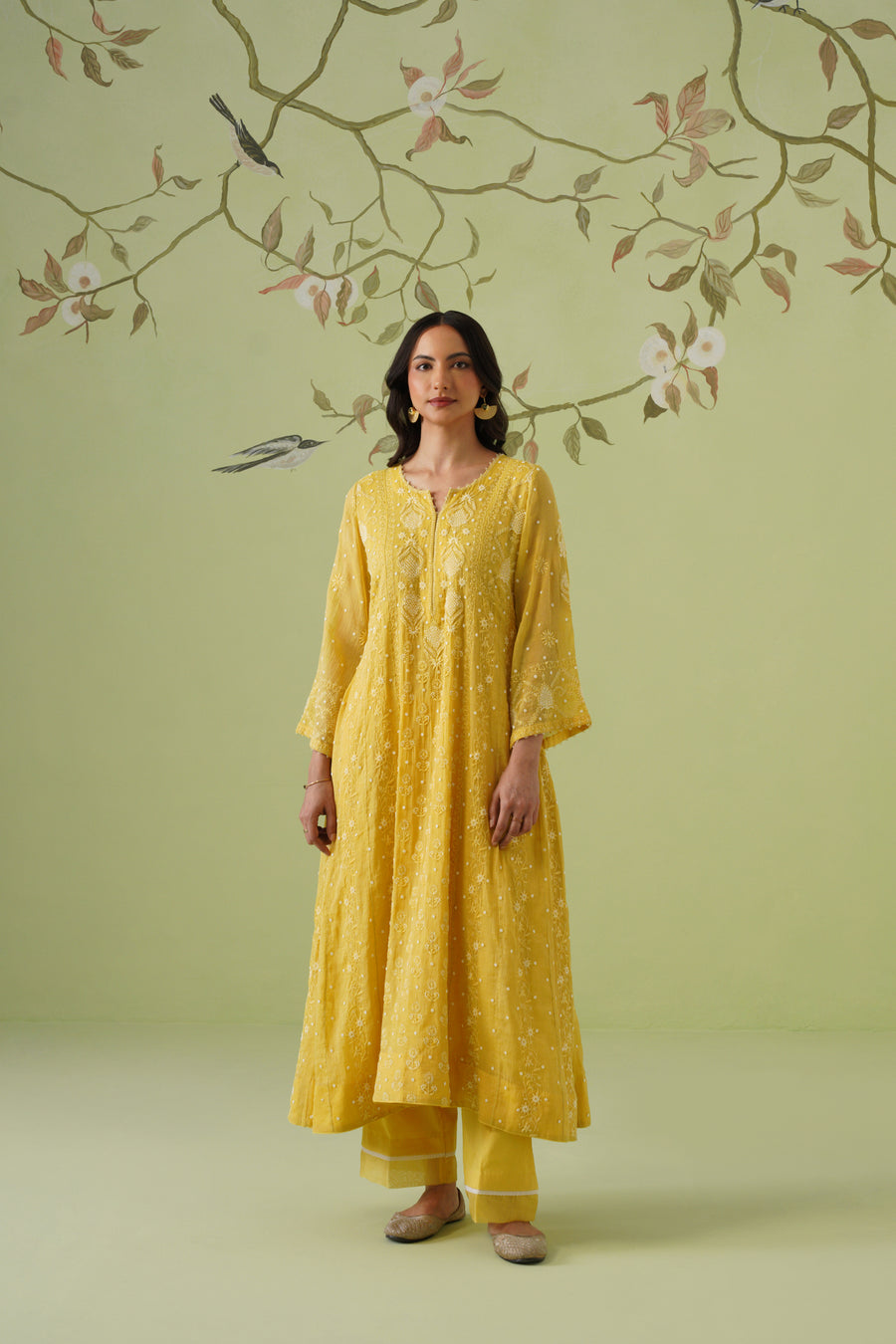 Tissue Chikankari 3pc Anarkali - Mustard Yellow