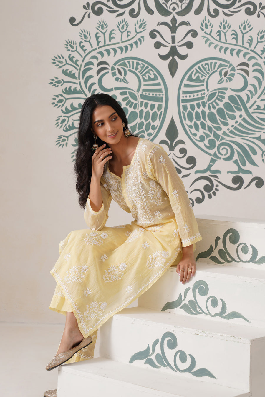 Chikankari Mul Chanderi Coord Set - Pastel Yellow
