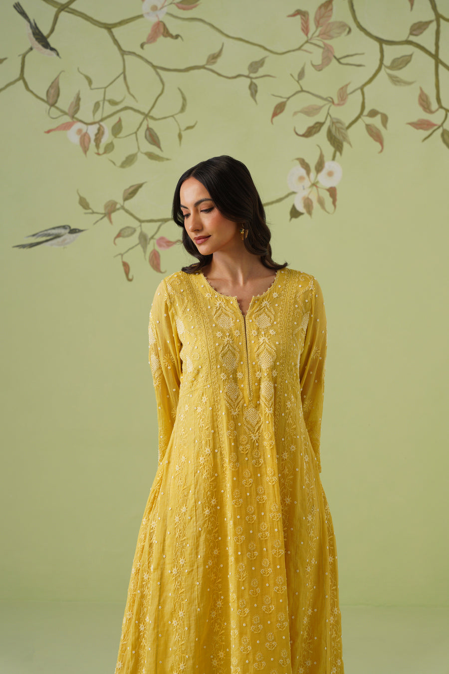 Tissue Chikankari 3pc Anarkali - Mustard Yellow