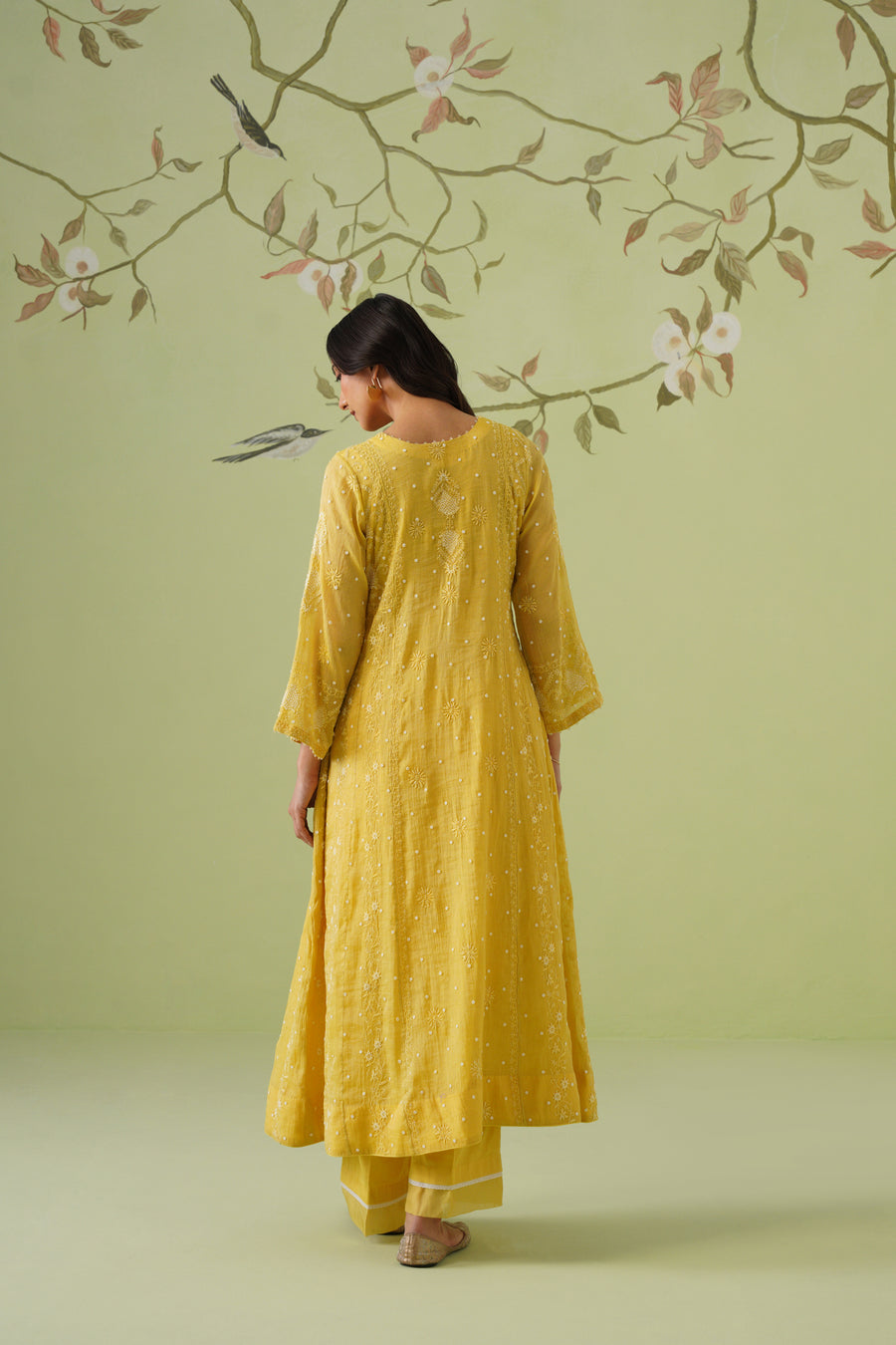 Tissue Chikankari 3pc Anarkali - Mustard Yellow