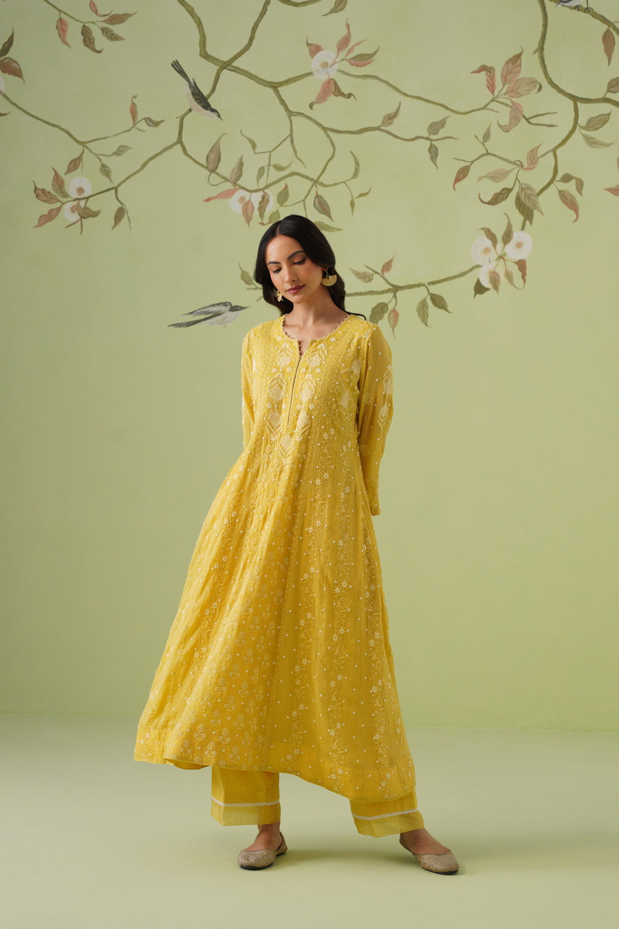 Tissue Chikankari 3pc Anarkali - Mustard Yellow