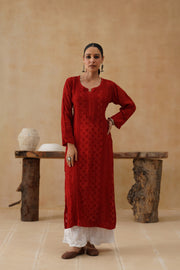 Muslin Long Kurti - Red