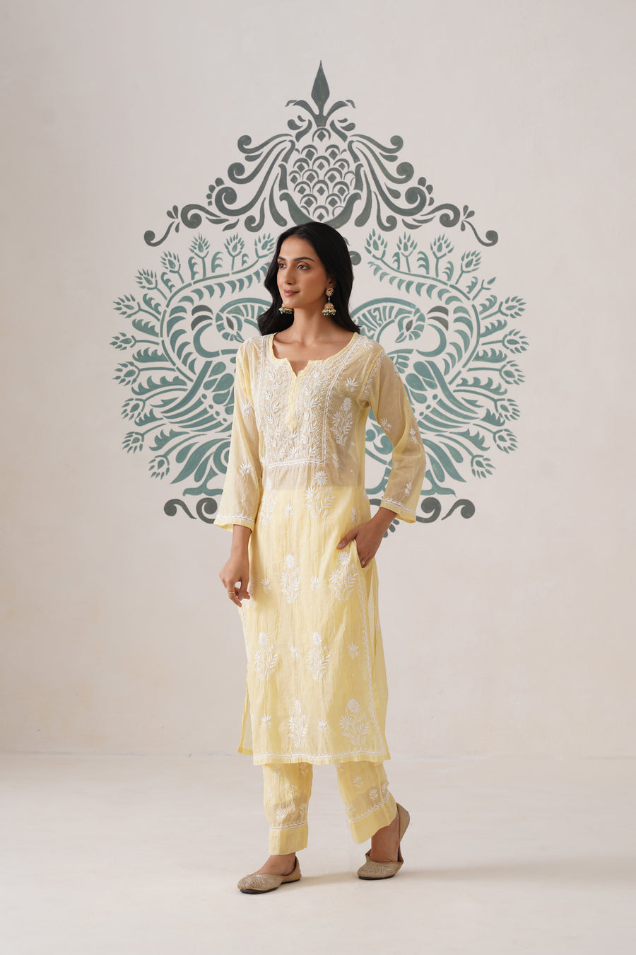 Chikankari Mul Chanderi Coord Set - Pastel Yellow