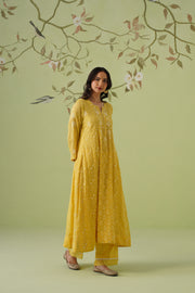 Tissue Chikankari 3pc Anarkali - Mustard Yellow