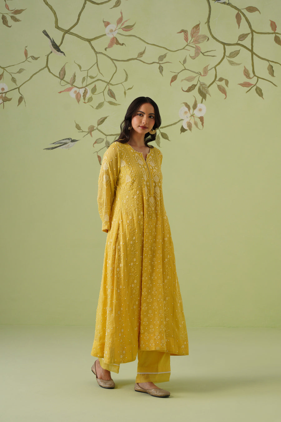 Tissue Chikankari 3pc Anarkali - Mustard Yellow