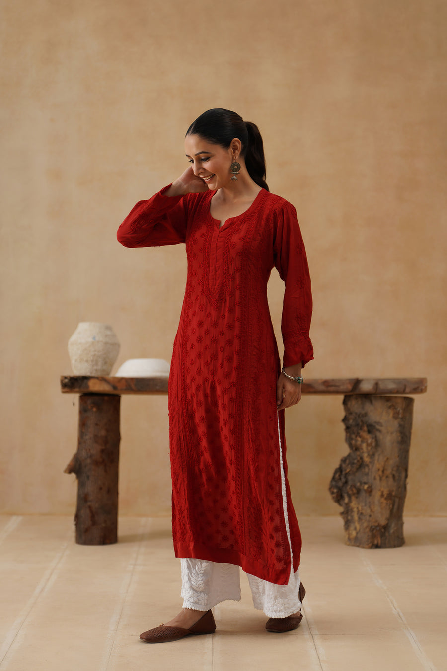 Muslin Long Kurti - Red