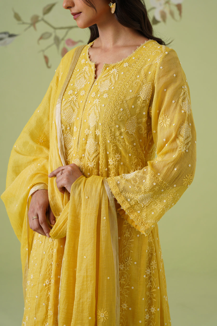 Tissue Chikankari 3pc Anarkali - Mustard Yellow