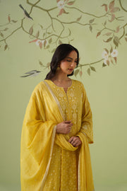Tissue Chikankari 3pc Anarkali - Mustard Yellow