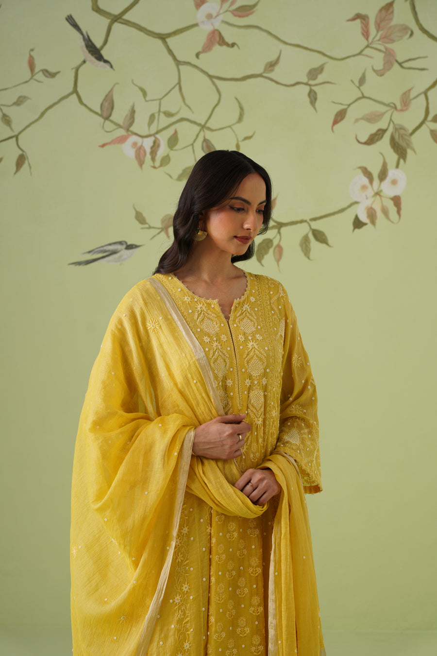 Tissue Chikankari 3pc Anarkali - Mustard Yellow