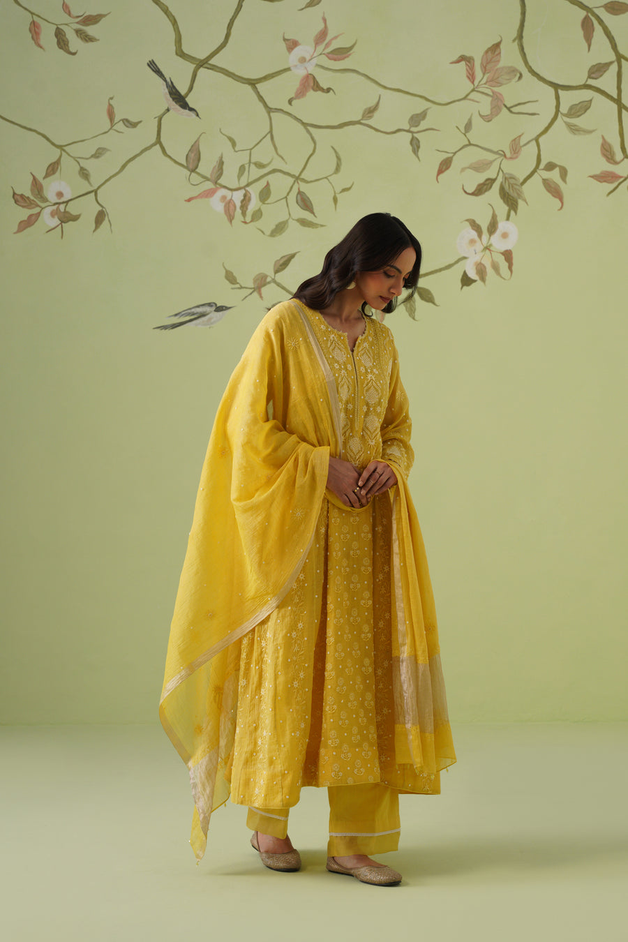 Tissue Chikankari 3pc Anarkali - Mustard Yellow