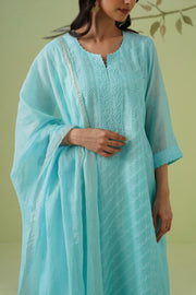 Mul Chanderi Chikankari 3pc Suit - Sky Blue