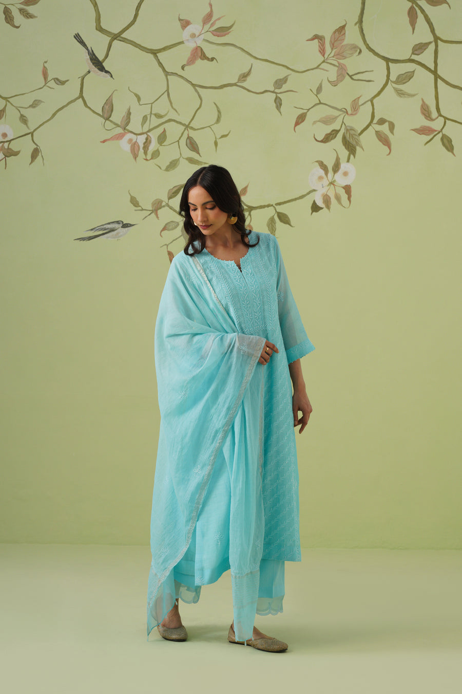 Mul Chanderi Chikankari 3pc Suit - Sky Blue