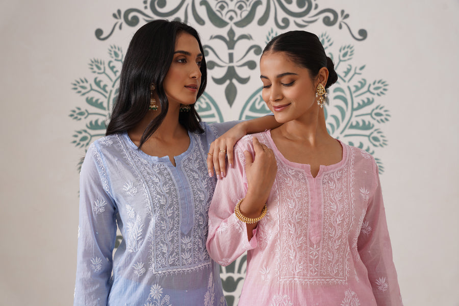 Chikankari Mul Chanderi Coord Set - Crystal Blue