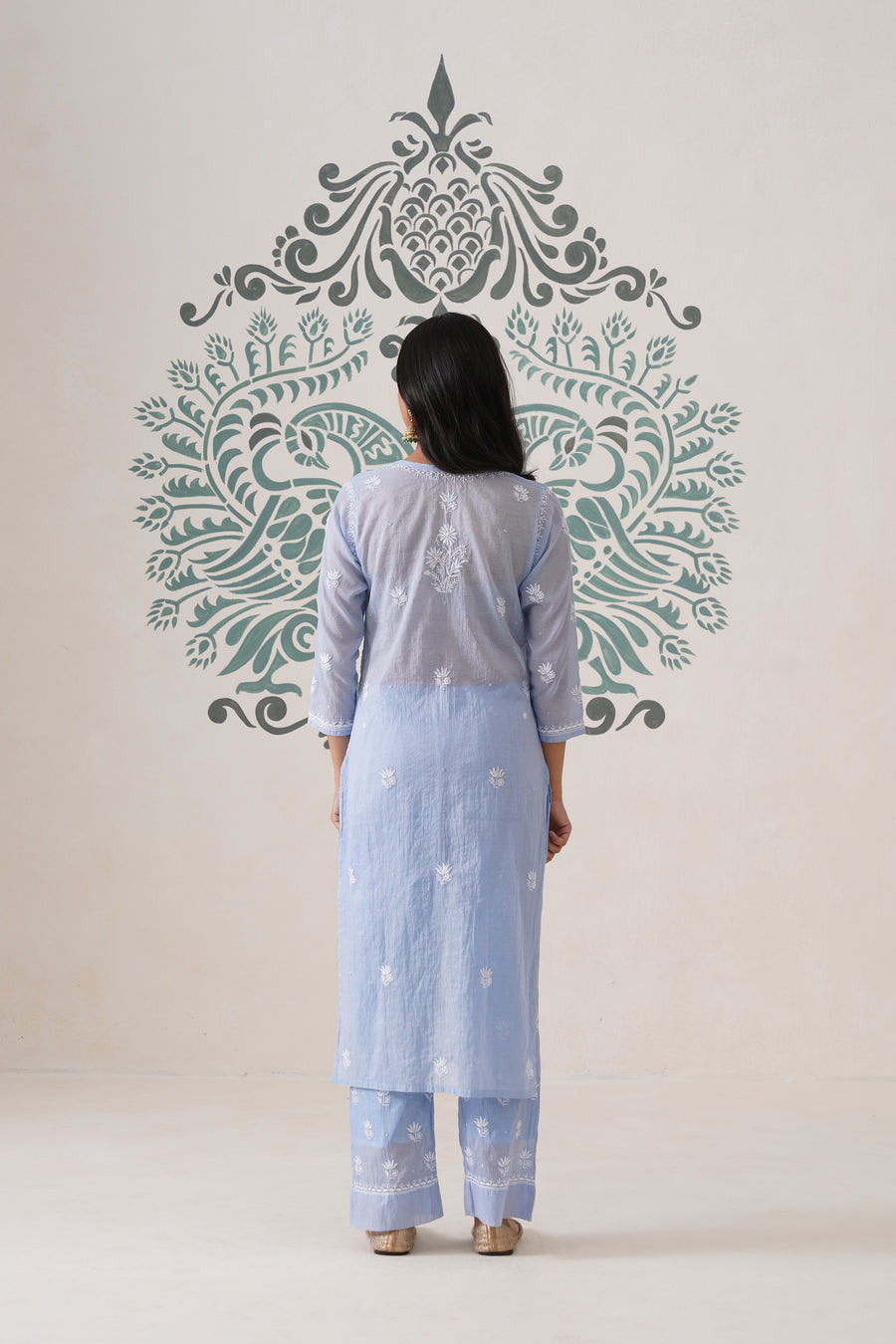 Chikankari Mul Chanderi Coord Set - Crystal Blue