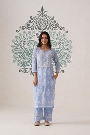 Chikankari Mul Chanderi Coord Set - Crystal Blue