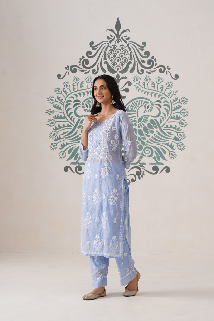 Chikankari Mul Chanderi Coord Set - Crystal Blue