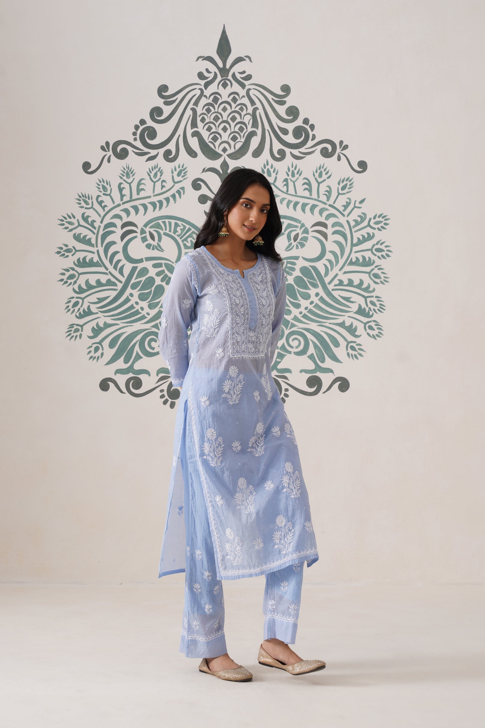 Chikankari Mul Chanderi Coord Set - Crystal Blue