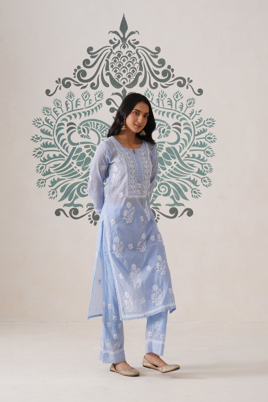 Chikankari Mul Chanderi Coord Set - Crystal Blue