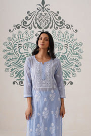 Chikankari Mul Chanderi Coord Set - Crystal Blue
