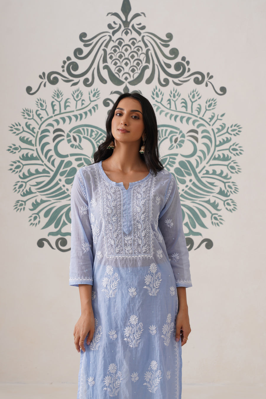 Chikankari Mul Chanderi Coord Set - Crystal Blue