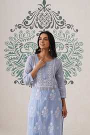 Chikankari Mul Chanderi Coord Set - Crystal Blue