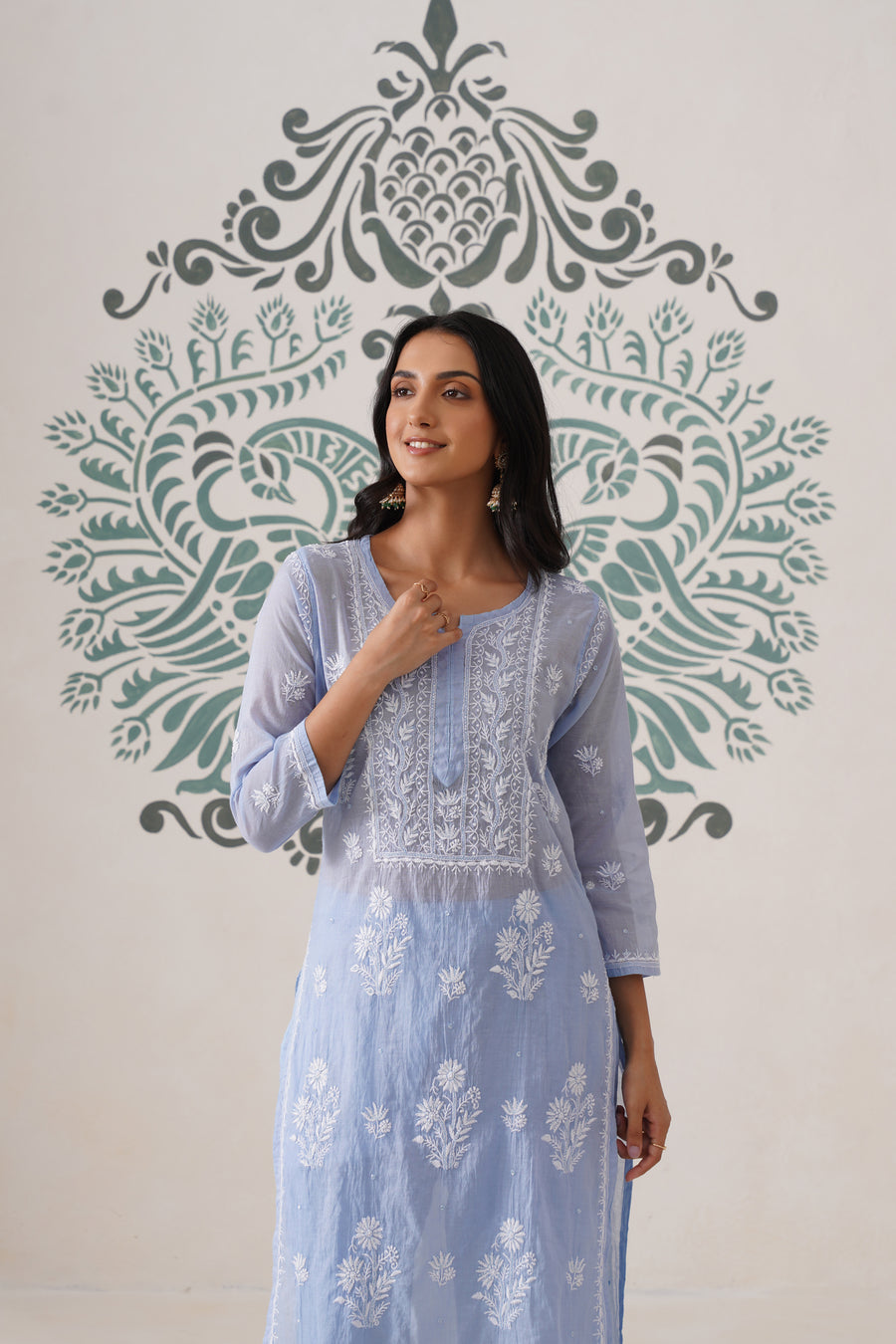 Chikankari Mul Chanderi Coord Set - Crystal Blue