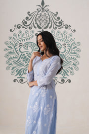 Chikankari Mul Chanderi Coord Set - Crystal Blue