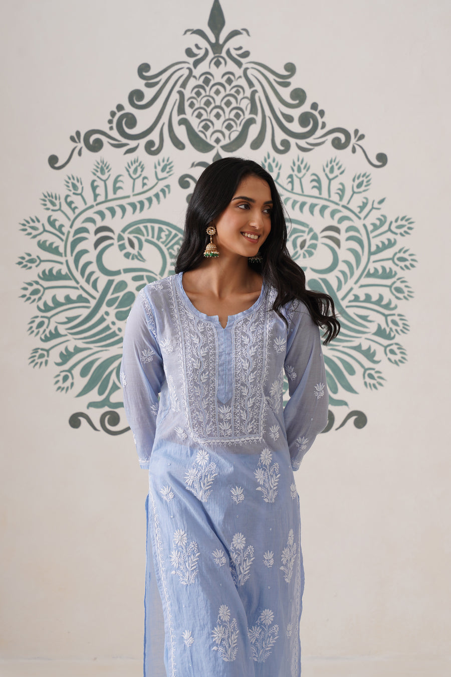 Chikankari Mul Chanderi Coord Set - Crystal Blue