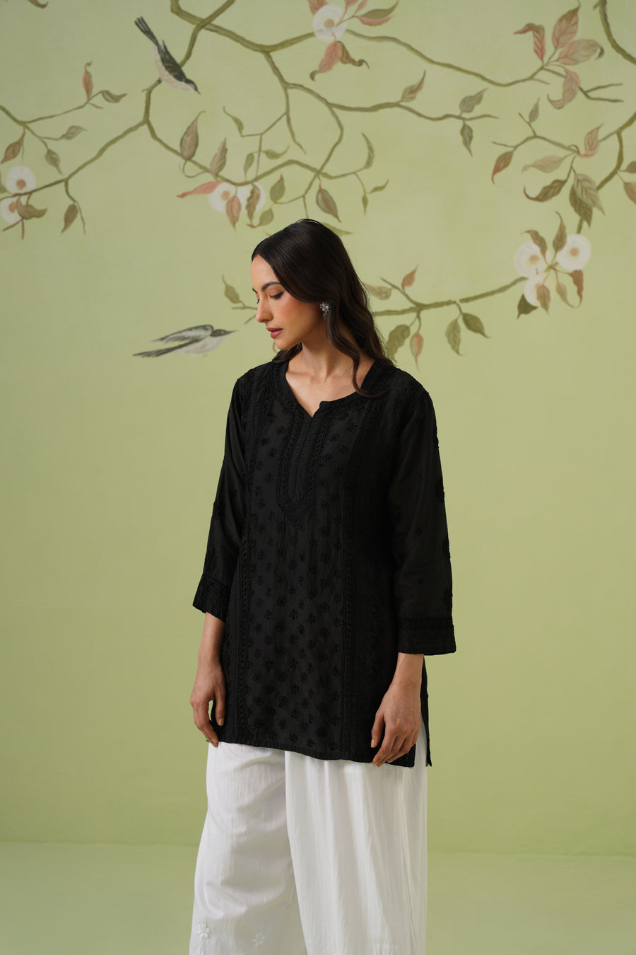 Muslin Chikankari Short Kurti - Black