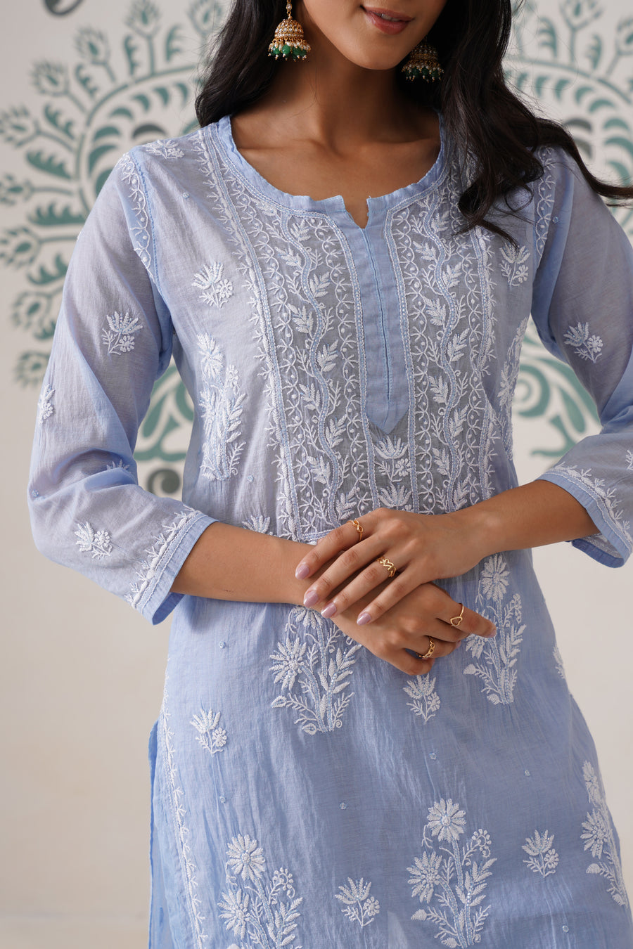 Chikankari Mul Chanderi Coord Set - Crystal Blue