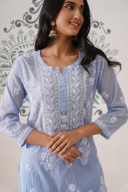 Chikankari Mul Chanderi Coord Set - Crystal Blue