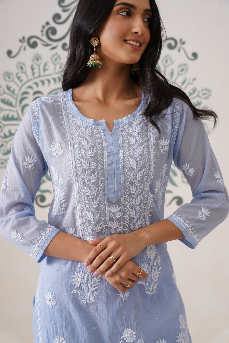 Chikankari Mul Chanderi Coord Set - Crystal Blue