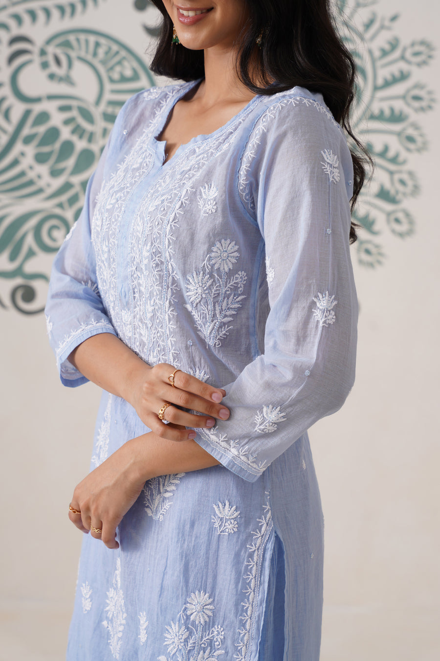 Chikankari Mul Chanderi Coord Set - Crystal Blue