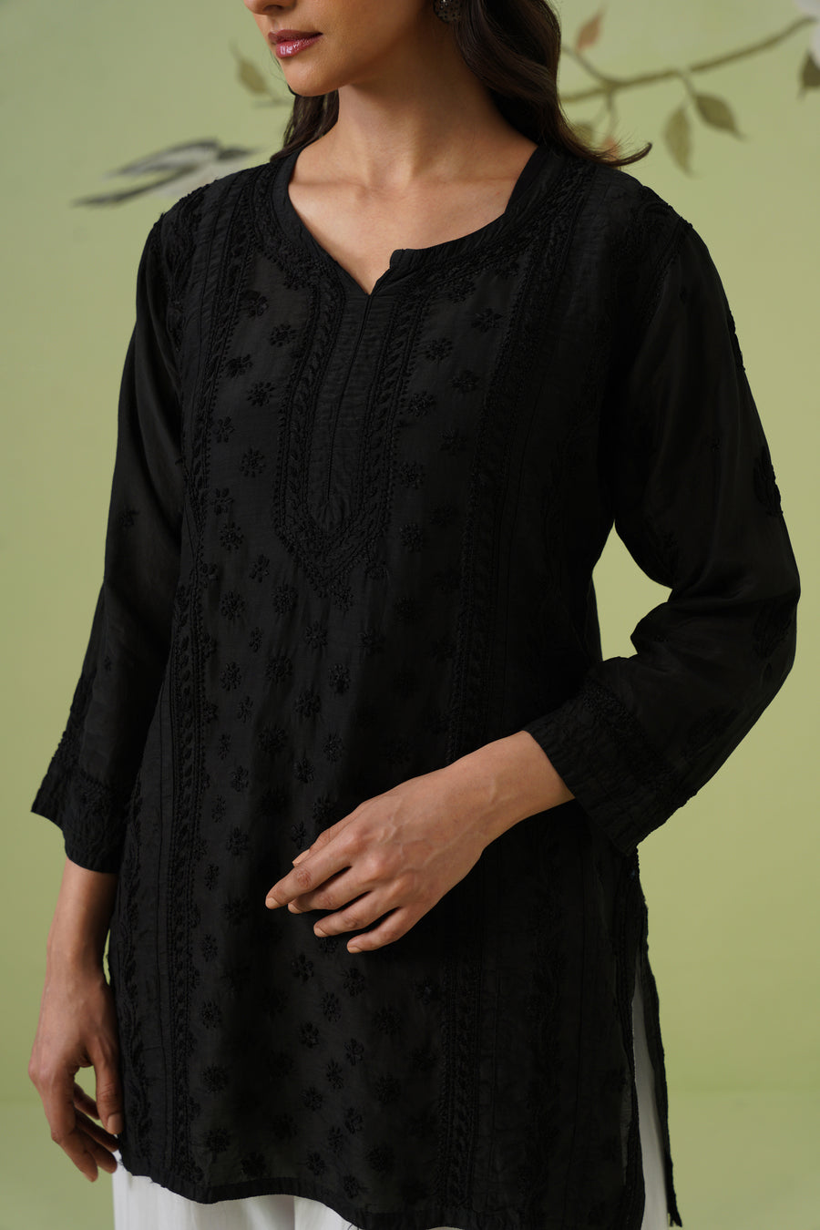 Muslin Chikankari Short Kurti - Black